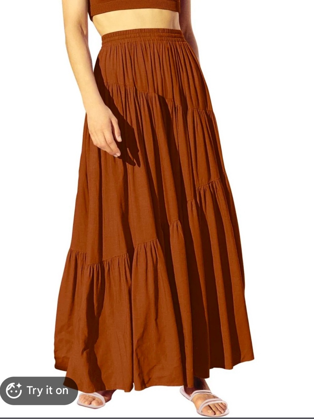 Tiered Elastic-Waist Maxi Skirt in Rust